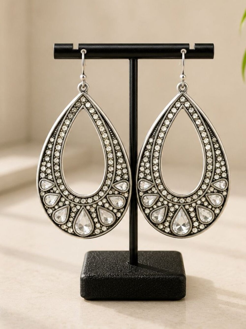 Teardrop Crystal Rhinestone Dangle Earrings In Silver-Tone Finish 2.5 Inch Lengt